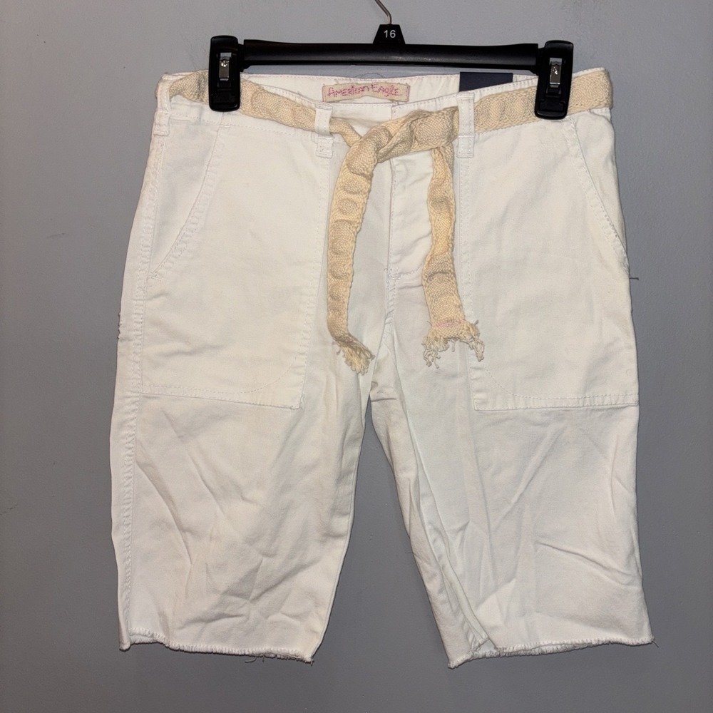 American Eagle White Military Bermuda Shorts Rope Belt Women's SZ 0 Stretch